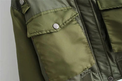 Women's Short Puffer Bomber Jacket with Pocket Details