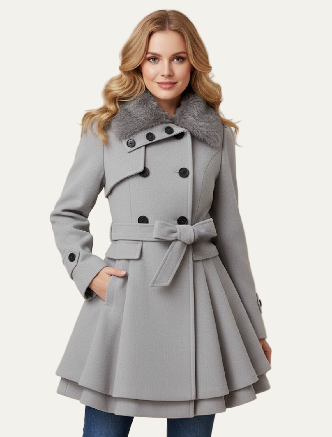 Ladies Oversized Pea Coat with Faux Fur Trim
