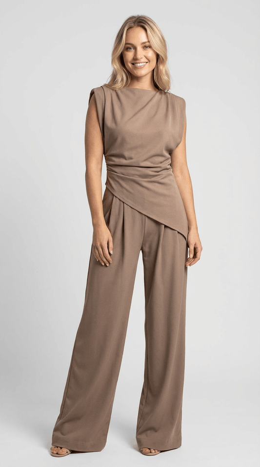Women's Elegant Draped Two-Piece Set with Wide-Leg Trousers