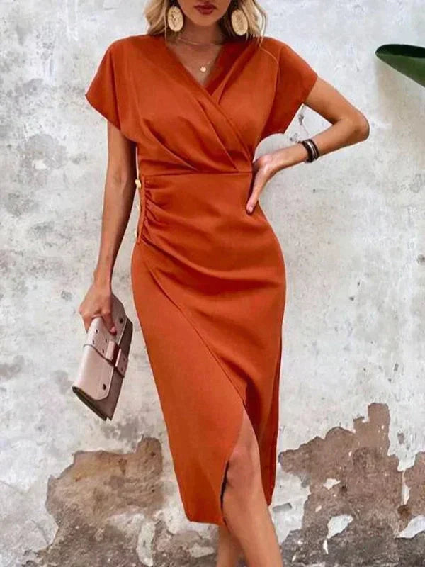 Women's Elegant Satin V-Neck Midi Dress with Slit