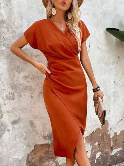 Women's Elegant Satin V-Neck Midi Dress with Slit