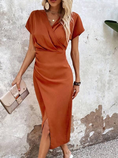 Women's Elegant Satin V-Neck Midi Dress with Slit