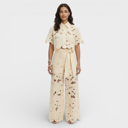 Women's Elegant Cotton Shirt and Wide-Leg Pants Set