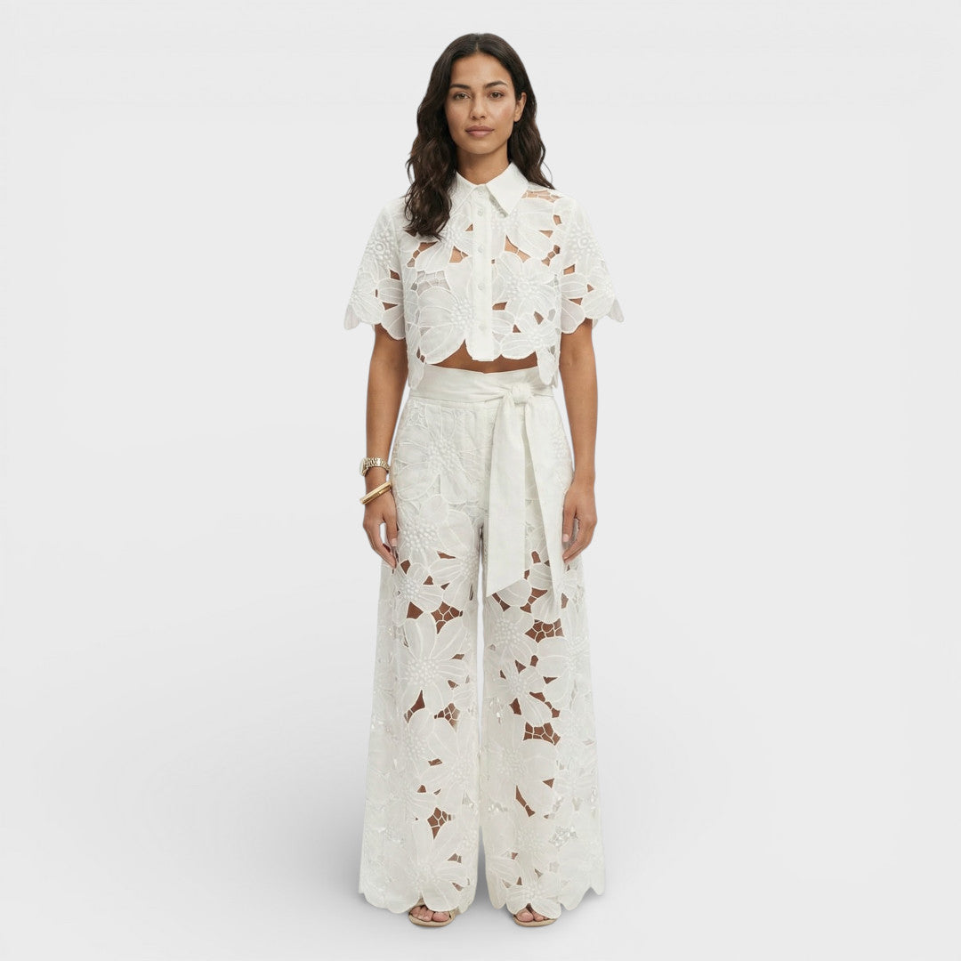 Women's Elegant Cotton Shirt and Wide-Leg Pants Set