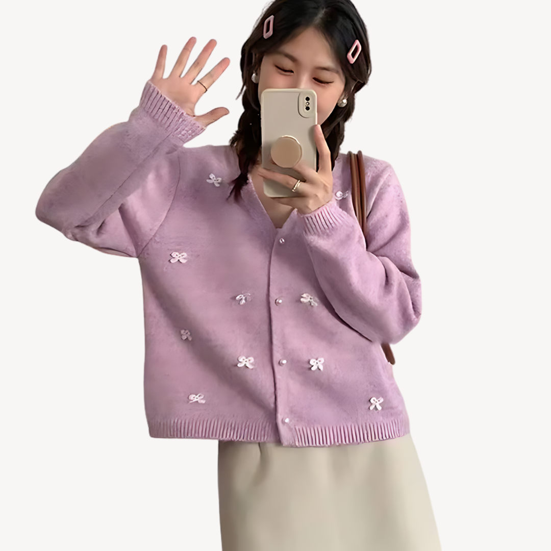 Ladies' Floral V Neck Sweater Cardigan