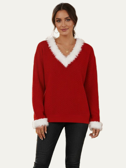 Soft Faux Fur V Neck Winter Sweater - OutfitLondon