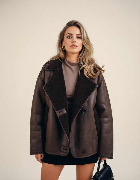 Women's Stylish Faux Leather Jacket with Fur Trim