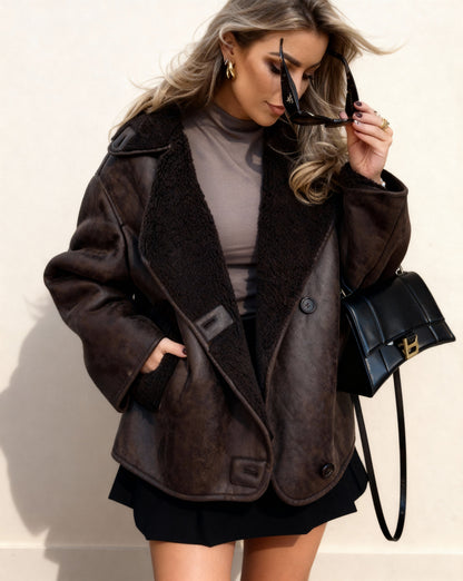 Women's Stylish Faux Leather Jacket with Fur Trim