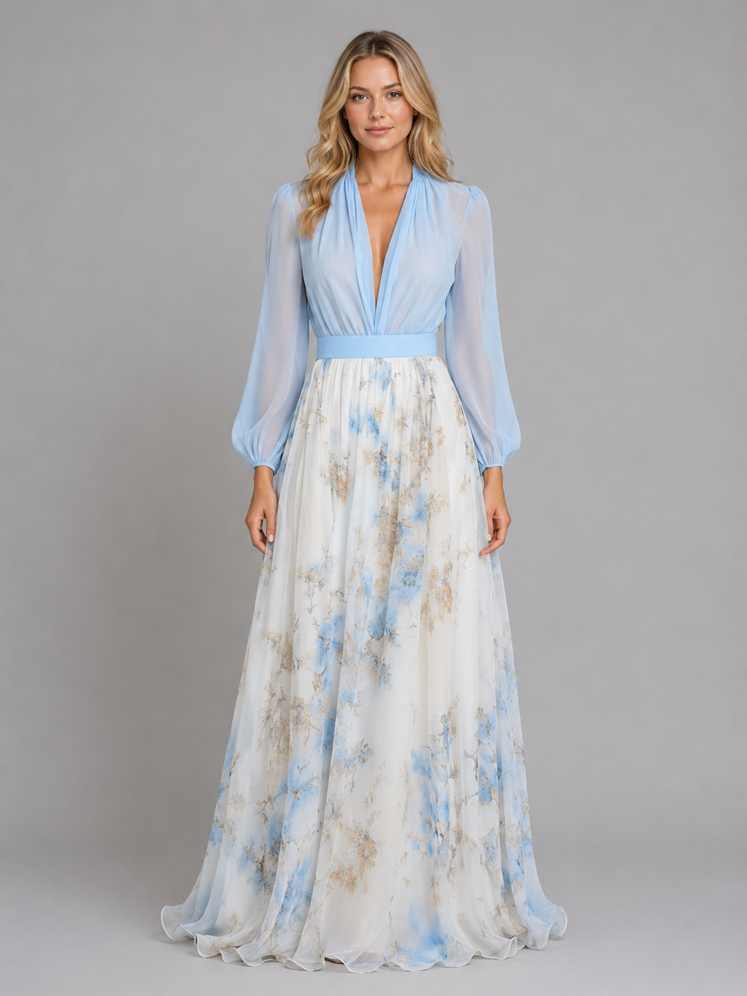 Women's Elegant Floral Chiffon Maxi Dress with Flowing Silhouette
