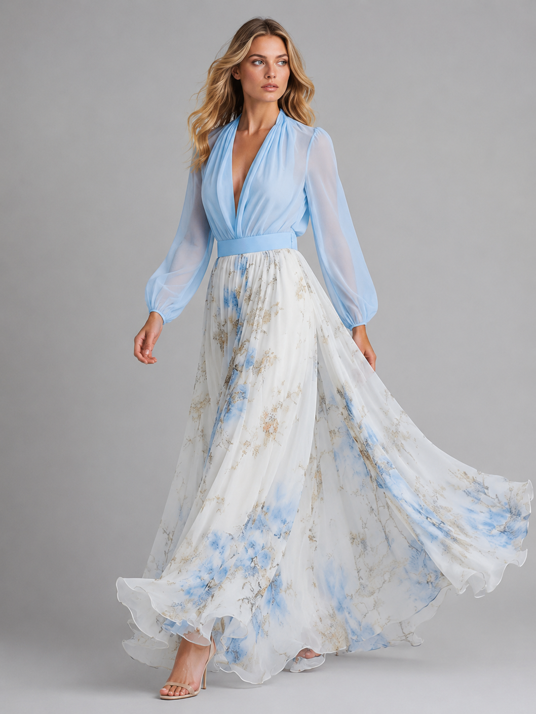 Women's Elegant Floral Chiffon Maxi Dress with Flowing Silhouette