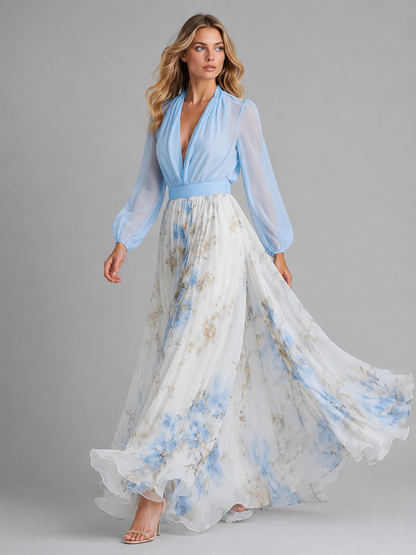 Women's Elegant Floral Chiffon Maxi Dress with Flowing Silhouette