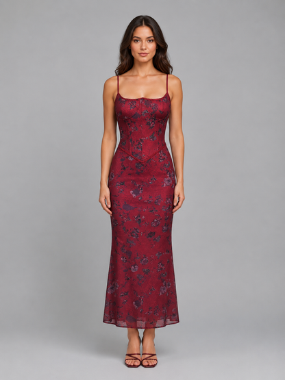 Women's Elegant Floral Corset Maxi Dress with Lace-Up Back