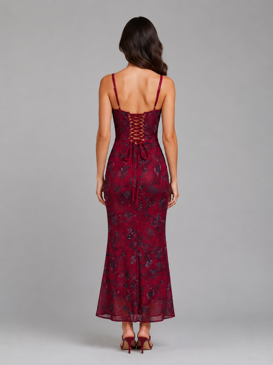 Women's Elegant Floral Corset Maxi Dress with Lace-Up Back