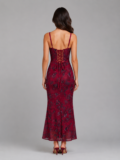 Women's Elegant Floral Corset Maxi Dress with Lace-Up Back
