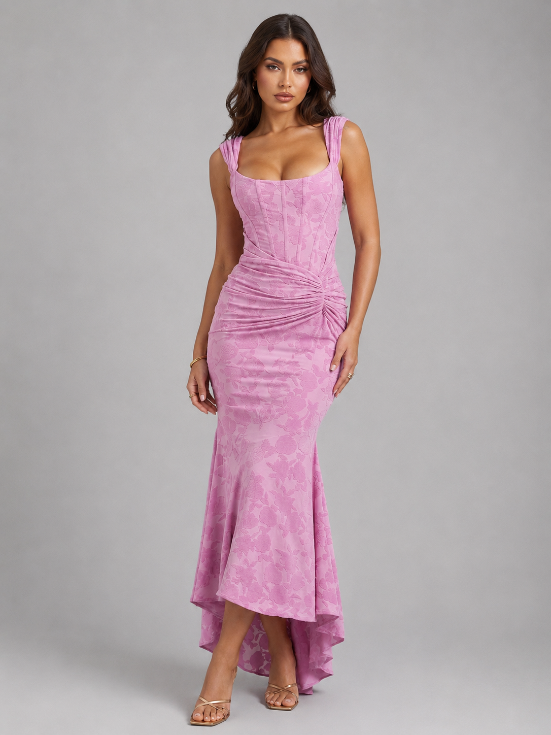 Women's Elegant Floral Corset Maxi Dress with Asymmetrical Hem