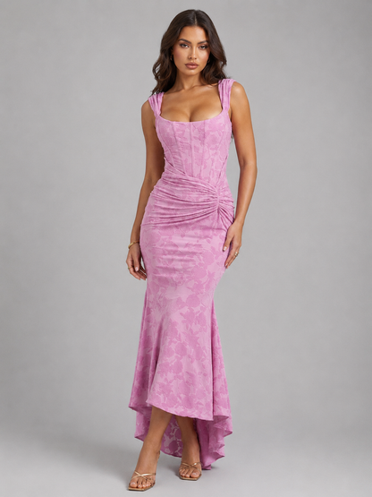 Women's Elegant Floral Corset Maxi Dress with Asymmetrical Hem