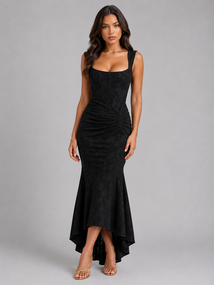 Women's Elegant Floral Corset Maxi Dress with Asymmetrical Hem