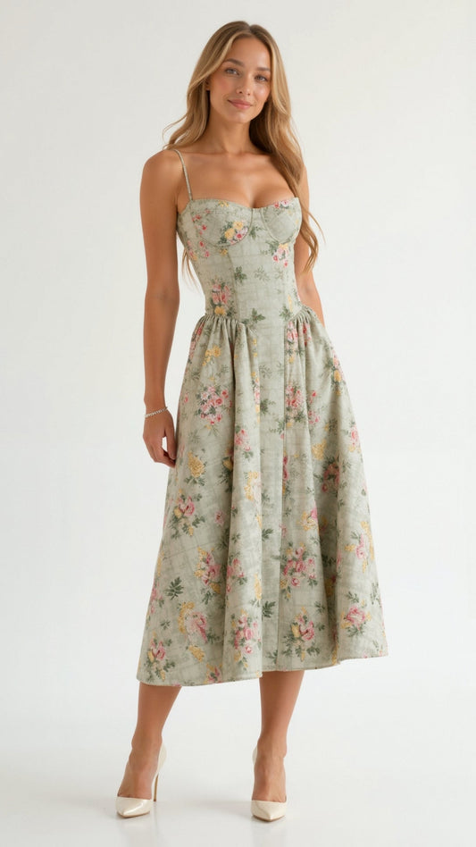 Women's Elegant Floral Corset Midi Dress