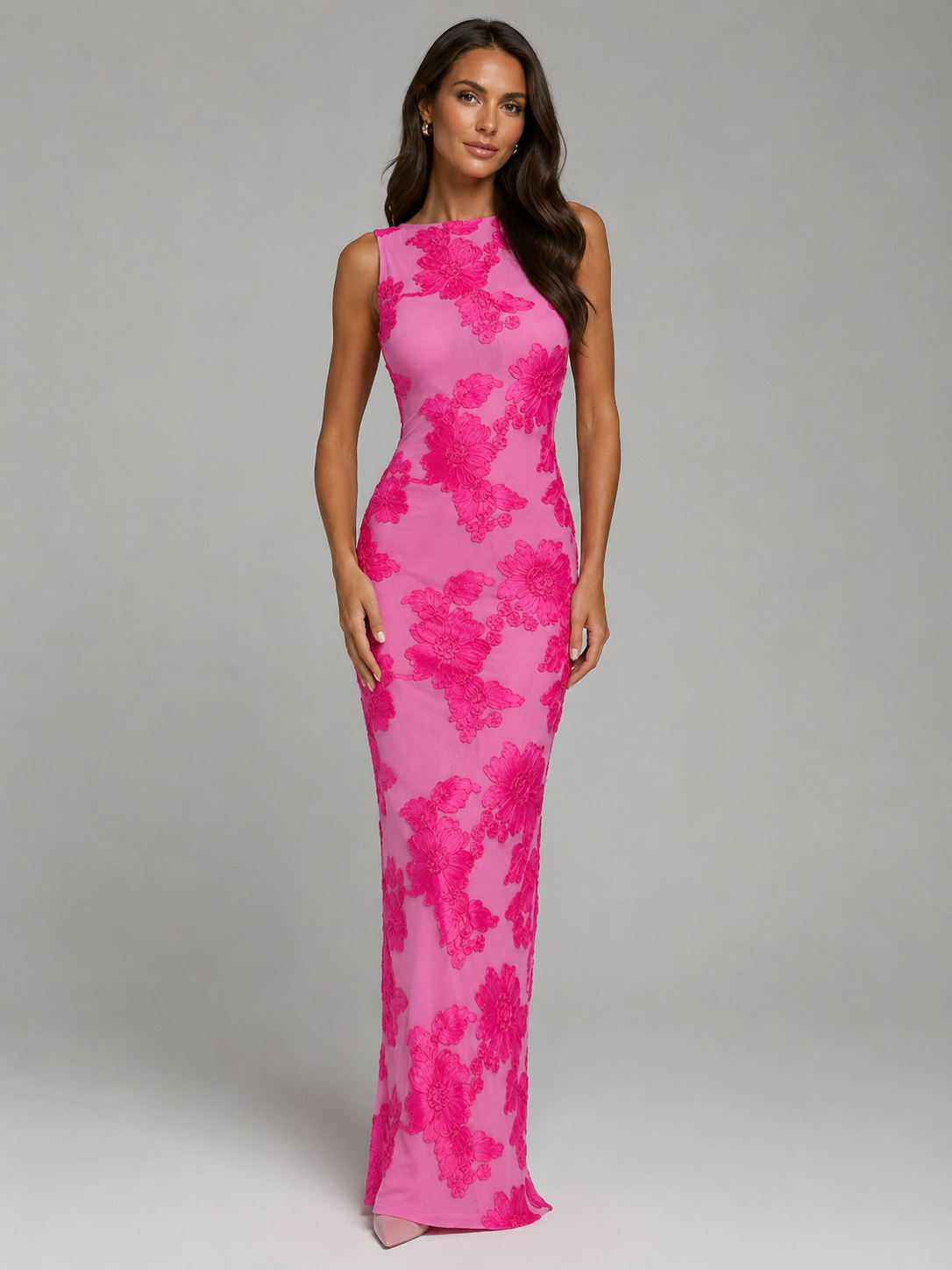 Women's Elegant Floral Embroidered Sleeveless Maxi Dress