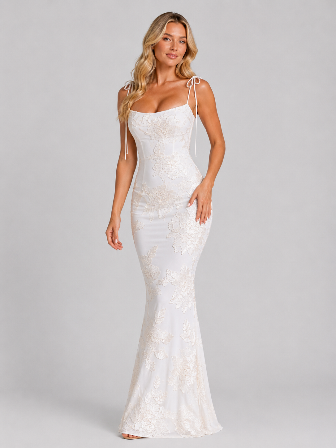 Women's Elegant Floral Embroidered Maxi Dress with Tie Straps