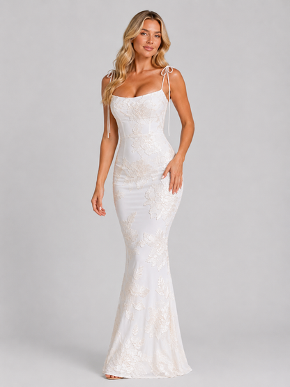 Women's Elegant Floral Embroidered Maxi Dress with Tie Straps