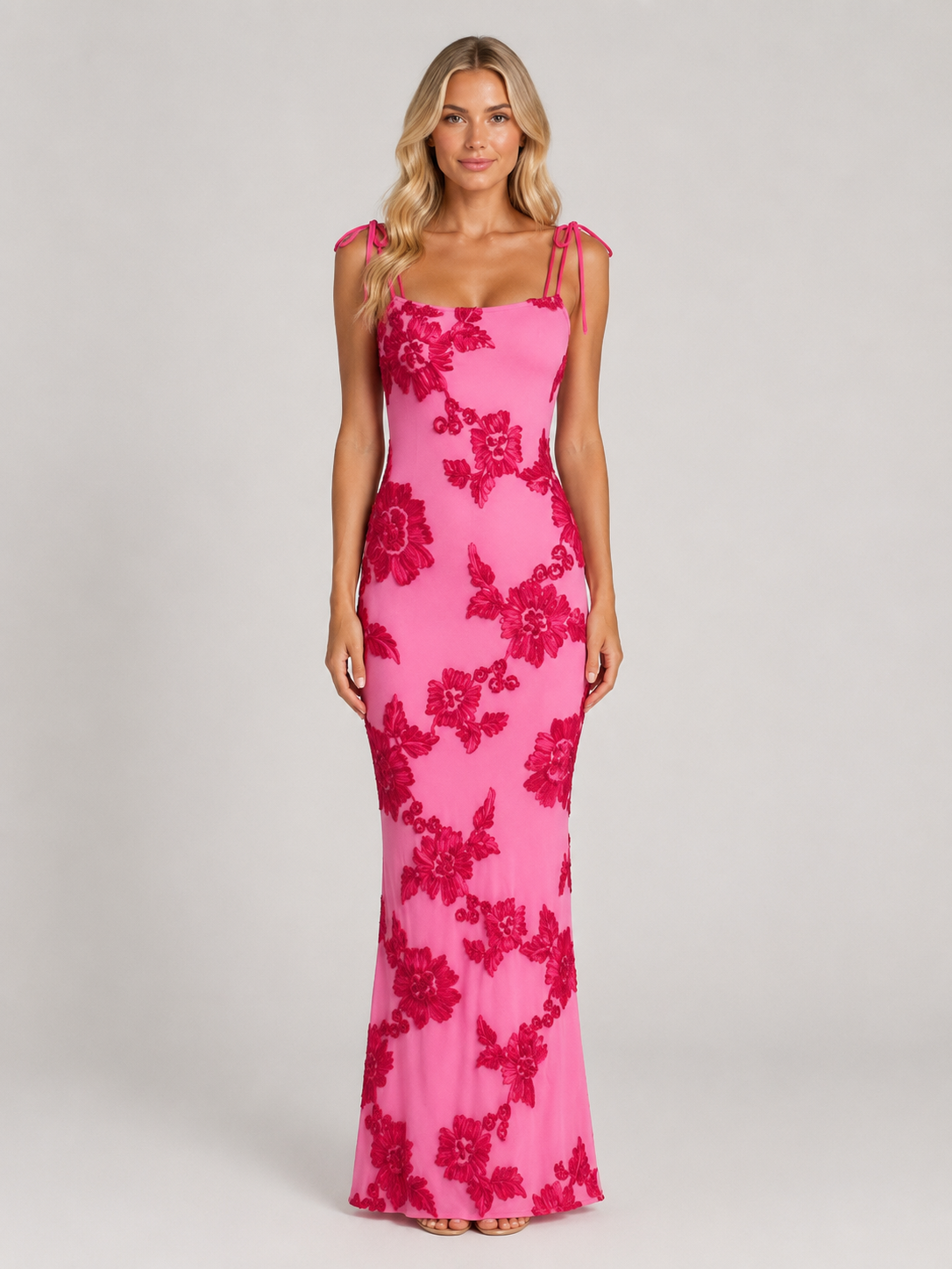 Women's Elegant Floral Embroidered Maxi Dress with Tie Straps