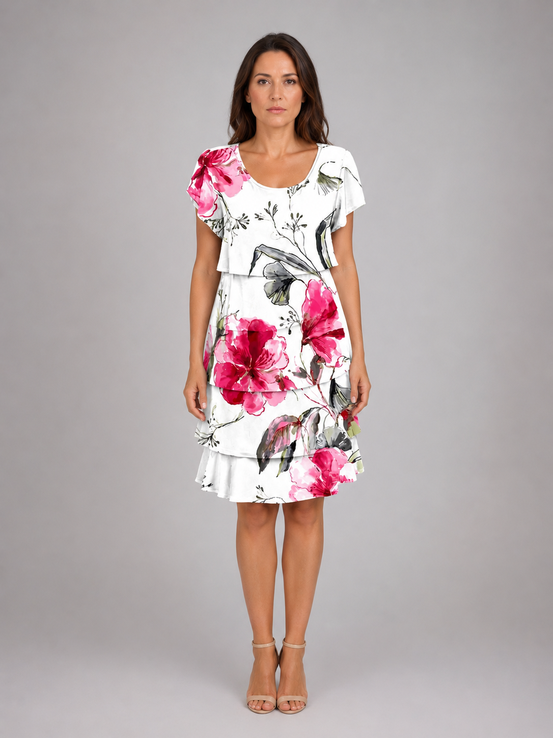 Women's Floral Layered Ruffle Mini Dress with Short Sleeves