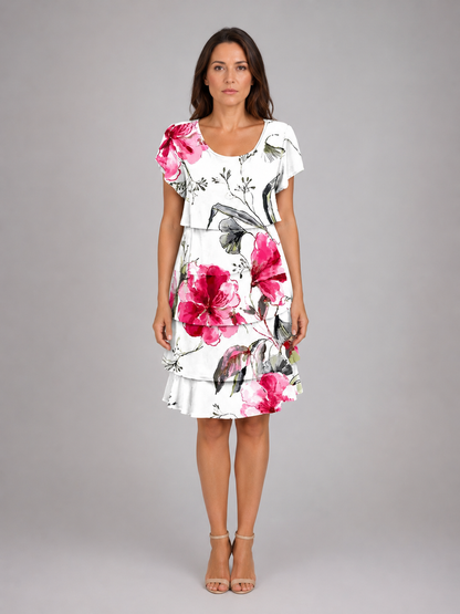 Women's Floral Layered Ruffle Mini Dress with Short Sleeves