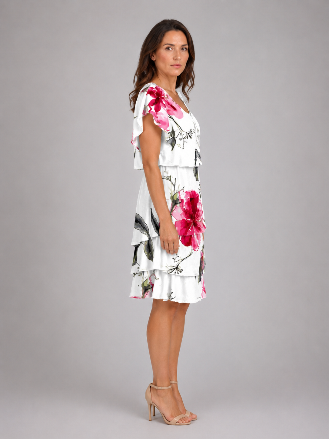 Women's Floral Layered Ruffle Mini Dress with Short Sleeves