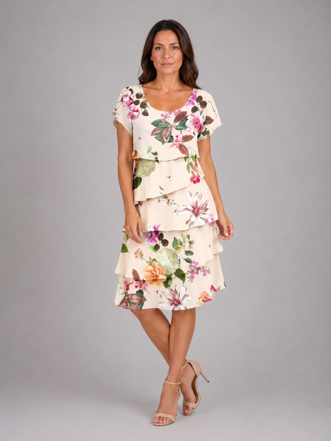 Women's Floral Layered Ruffle Mini Dress with Short Sleeves