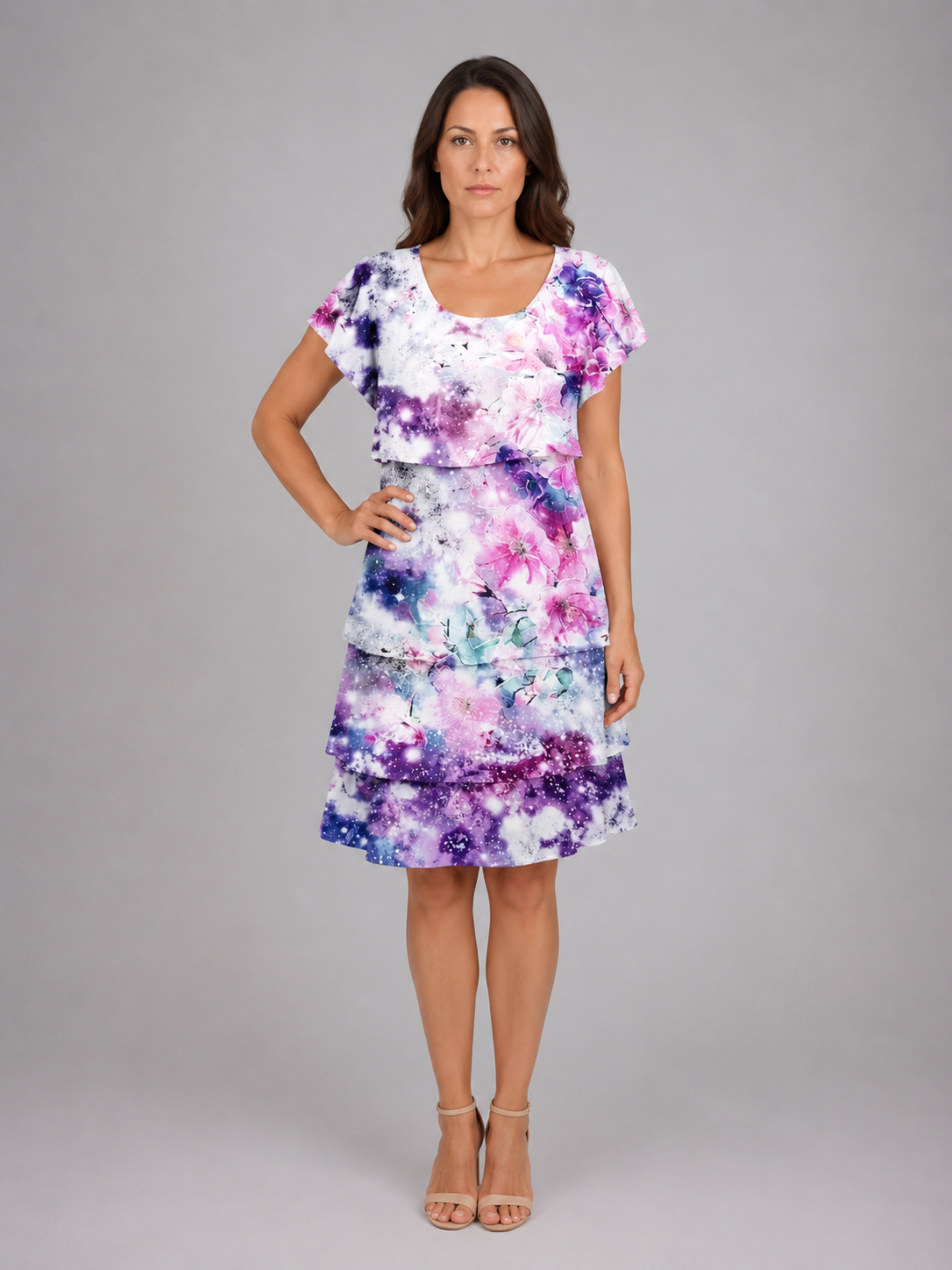 Women's Floral Layered Ruffle Mini Dress with Short Sleeves