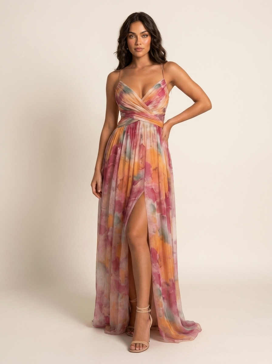 Women's Elegant Watercolor Print Maxi Dress