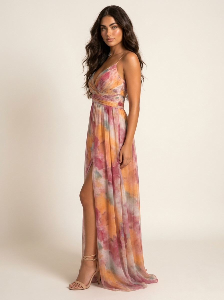 Women's Elegant Watercolor Print Maxi Dress