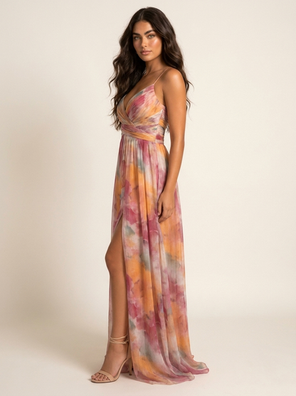 Women's Elegant Watercolor Print Maxi Dress