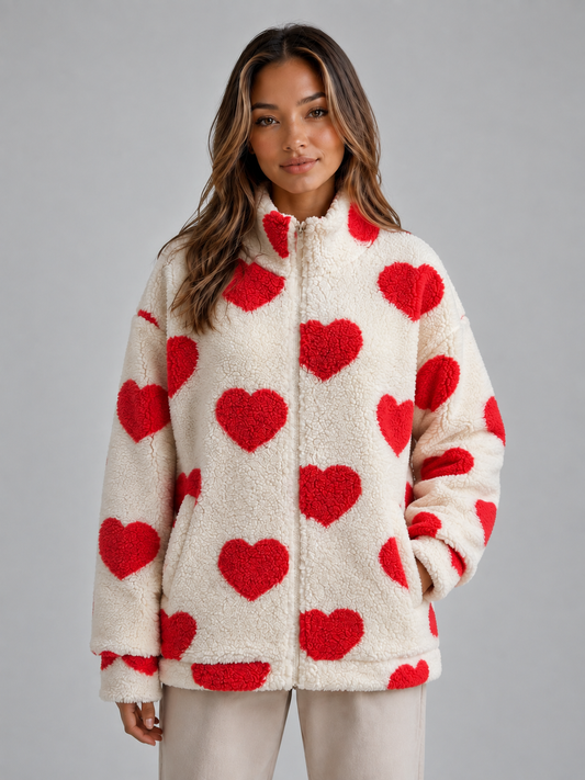 Women's Casual Teddy Fleece Zip-Up Jacket with Heart Print