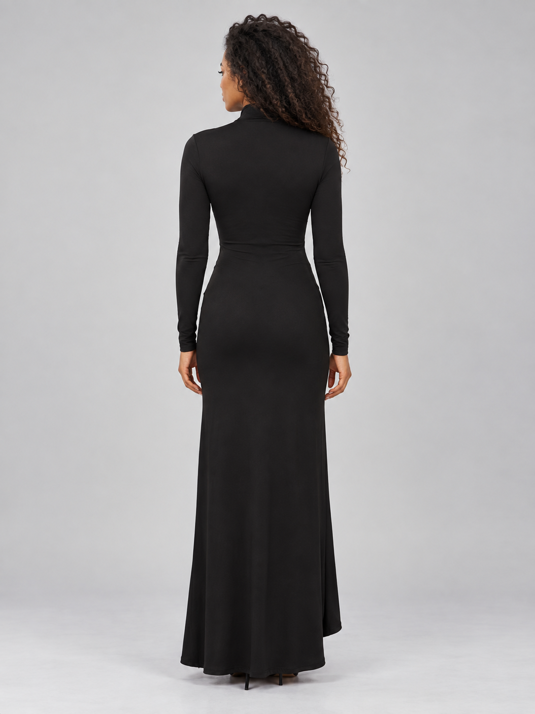 Women's Elegant High Neck Ruched Maxi Dress with Long Sleeve and Side
