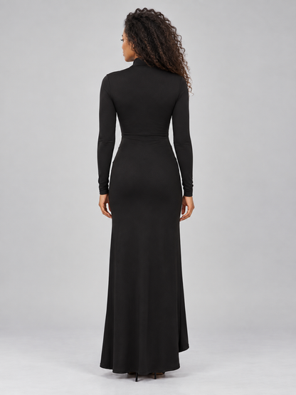 Women's Elegant High Neck Ruched Maxi Dress with Long Sleeve and Side
