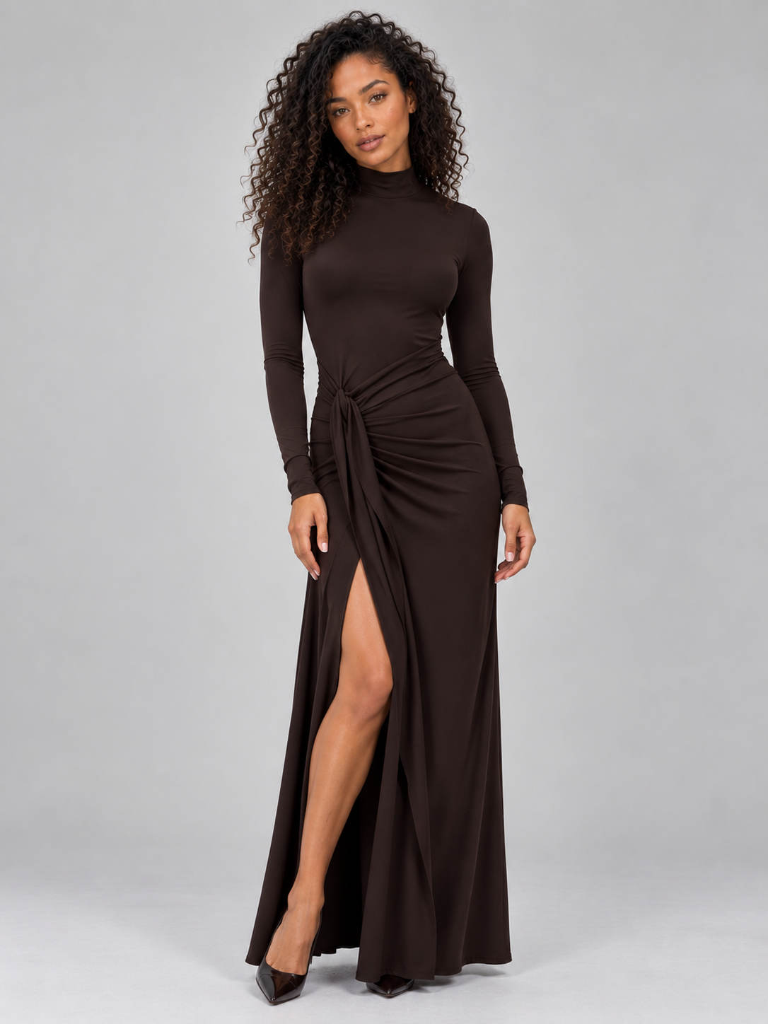 Women's Elegant High Neck Ruched Maxi Dress with Long Sleeve and Side