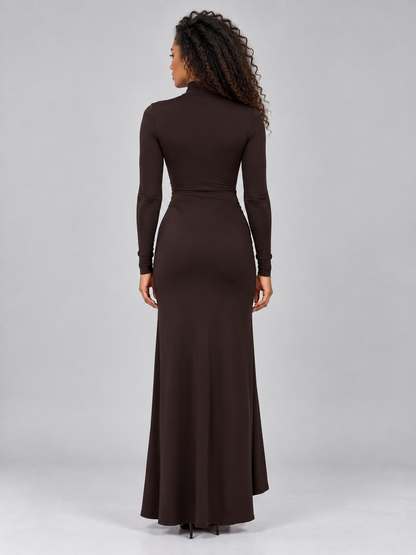 Women's Elegant High Neck Ruched Maxi Dress with Long Sleeve and Side