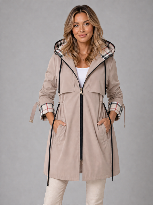 Women's Casual Waterproof Hooded Long Jacket with Adjustable Waist