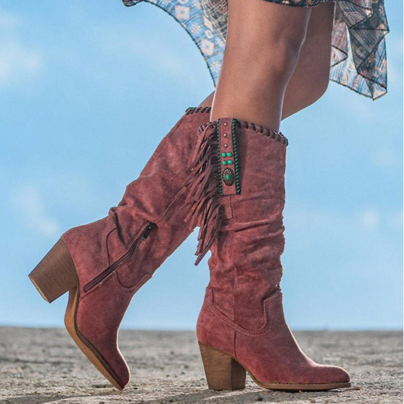 Trendy Black Suede Knee High Boots with Fringe - OutfitLondon