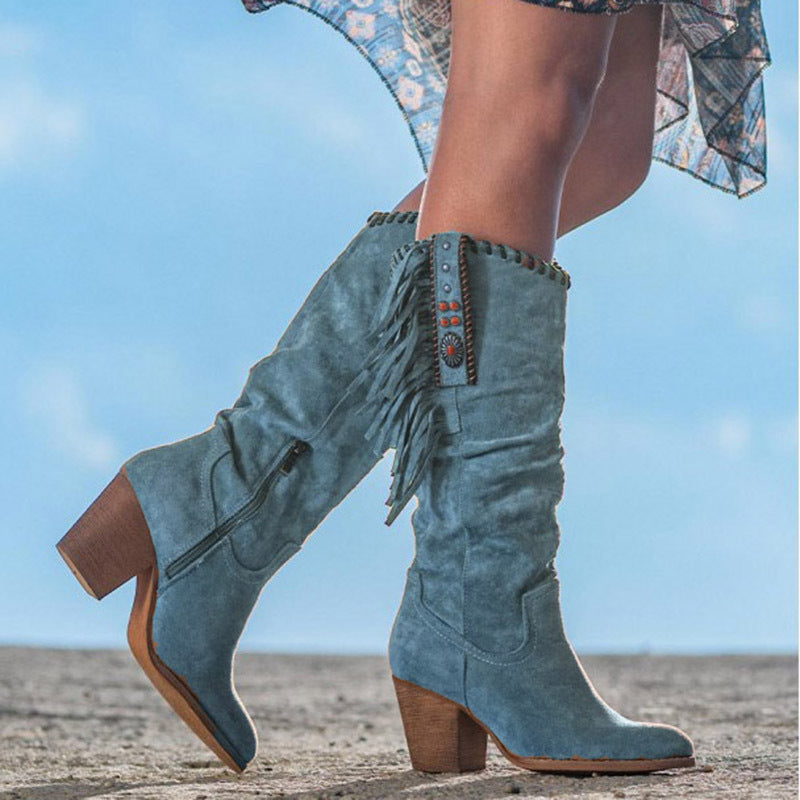 Trendy Black Suede Knee High Boots with Fringe
