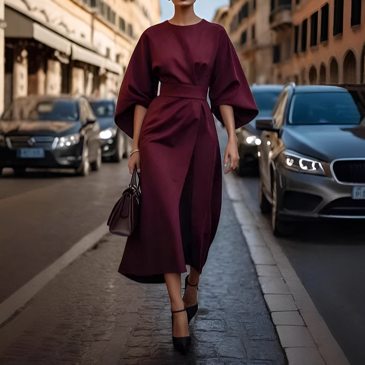 Classy Buckled Knee Length Dress for Ladies