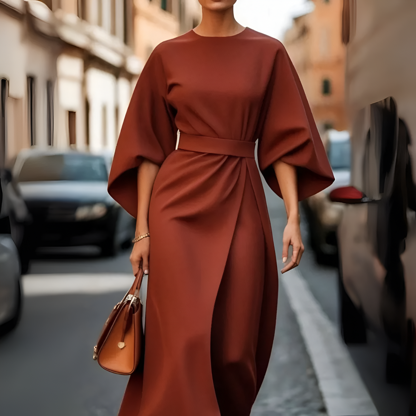 Classy Buckled Knee Length Dress for Ladies