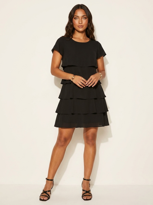Women's Elegant Layered Ruffle Midi Dress