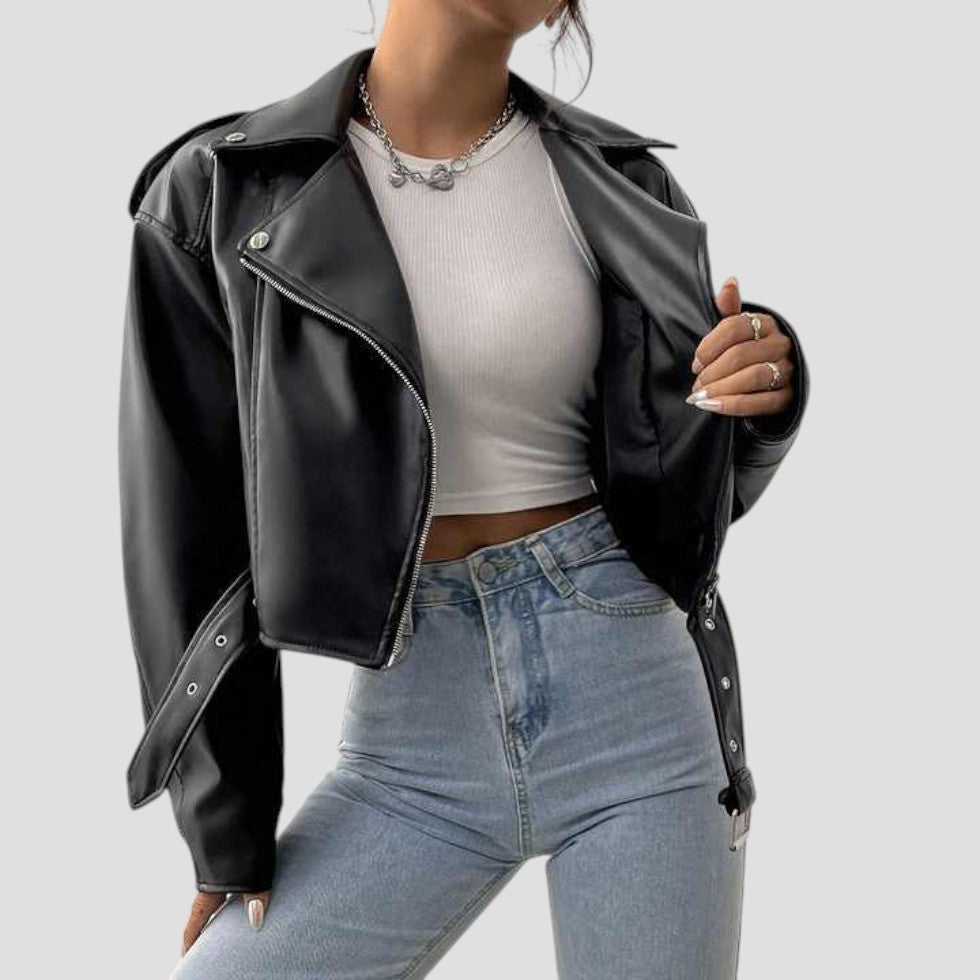 Ladies Synthetic Biker Jacket - OutfitLondon