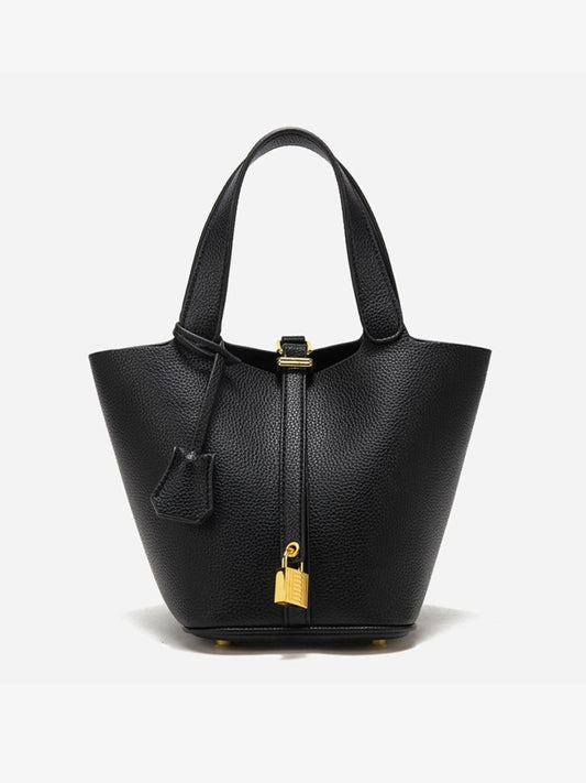 Women's Stylish Leather Bucket Handbag with Two-Tone Hardware