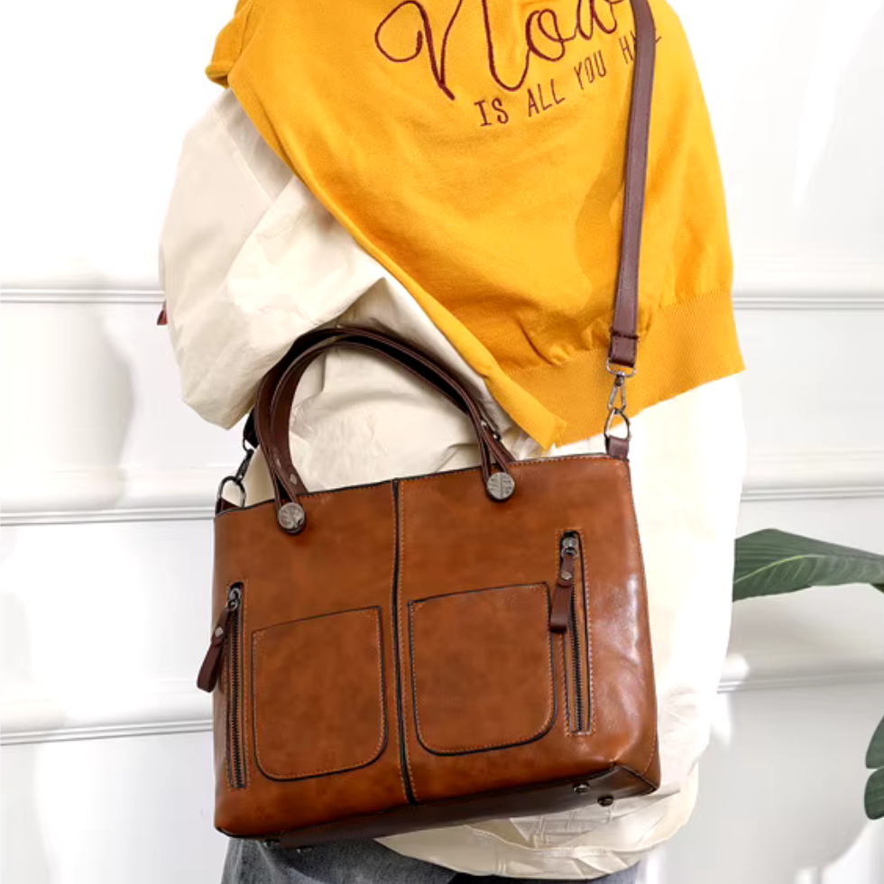 Ladies Classic Leather Tote Shoulder Bag Multiple Pockets