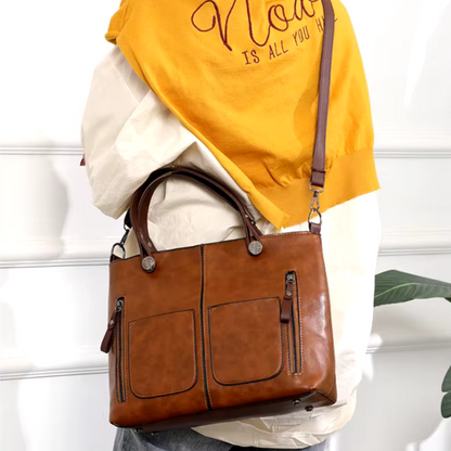 Ladies Classic Leather Tote Shoulder Bag Multiple Pockets