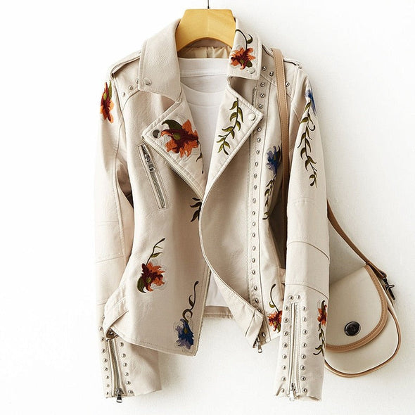 Fashionable Embroidered Leather Winter Coat for Women - OutfitLondon